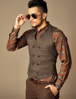 Dark Brown Wool Waistcoat · Orange Floral Dress Shirt · Dark Brown Corduroy Dress Pants · Dark Brown Leather Belt · Black Sunglasses · Black Leather Watch