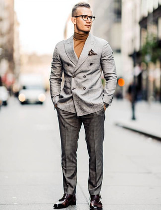 Grey Wool Double Breasted Blazer · Tan Turtleneck · Charcoal Check Wool Dress Pants · Dark Brown Leather Double Monks · Brown Print Pocket Square · Black Leather Watch