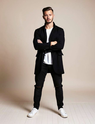 Black Overcoat · White Crew-neck T-shirt · Black Ripped Jeans · White Low Top Sneakers