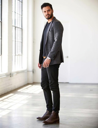 Charcoal Wool Blazer · Black Crew-neck T-shirt · Black Jeans · Dark Brown Leather Casual Boots · Tan Leather Belt · Silver Watch