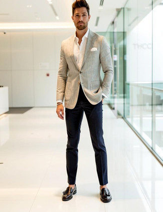 Grey Blazer · White Long Sleeve Shirt · Navy Vertical Striped Dress Pants · Dark Purple Leather Tassel Loafers · White Pocket Square · Silver Watch