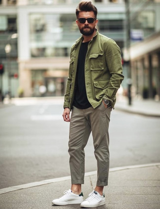 Olive Military Jacket · Black Crew-neck T-shirt · Grey Chinos · White Leather Low Top Sneakers · Black Sunglasses · Silver Watch