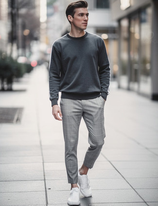 Charcoal Sweatshirt · Grey Check Chinos · White Low Top Sneakers