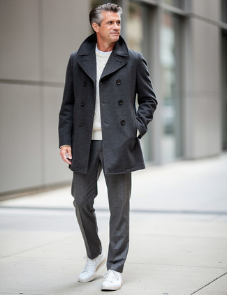 Black Pea Coat · Beige Cable Sweater · White Crew-neck T-shirt · Grey Wool Dress Pants · White Leather Low Top Sneakers · Black and White Print Socks