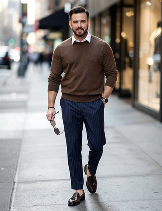 Brown Crew-neck Sweater · White Polo · Navy Vertical Striped Chinos · Dark Brown Leather Tassel Loafers · Black Sunglasses · Black Leather Watch