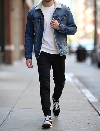 Blue Denim Shearling Jacket · White Crew-neck T-shirt · Black Chinos · Black and White Canvas Low Top Sneakers · White No Show Socks