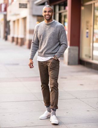 Grey Crew-neck Sweater · White Long Sleeve Shirt · Brown Jeans · White Canvas Low Top Sneakers · Black Leather Watch · Grey Wool Socks