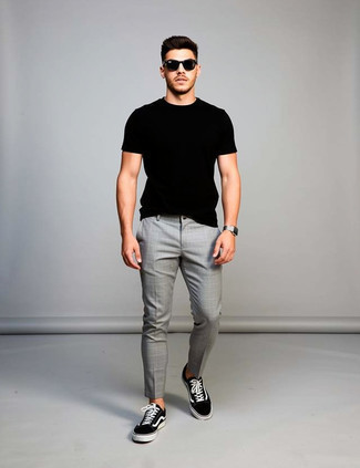 Black Crew-neck T-shirt · Grey Chinos · Black and White Canvas Low Top Sneakers · Black Sunglasses · Silver Watch