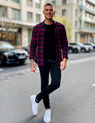 Red and Navy Plaid Long Sleeve Shirt · Black Crew-neck T-shirt · Black Skinny Jeans · White Leather Low Top Sneakers · Black No Show Socks