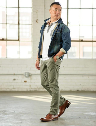 Blue Denim Jacket · White Long Sleeve Shirt · Grey Long Sleeve Henley Shirt · Olive Chinos · Brown Leather Desert Boots · Brown Leather Watch