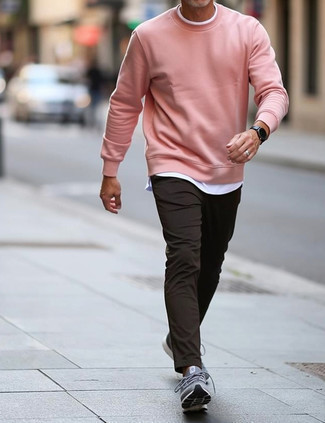 Pink Sweatshirt · White Crew-neck T-shirt · Black Chinos · Grey Athletic Shoes · Black Leather Watch