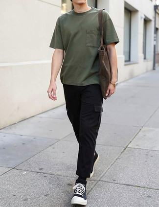 Olive Crew-neck T-shirt · Black Cargo Pants · Black and White Canvas High Top Sneakers · Dark Brown Canvas Tote Bag · Black Leather Watch · Black Socks
