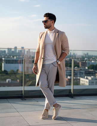 Camel Overcoat · White Turtleneck · Grey Chinos · Beige Leather Low Top Sneakers · Black Sunglasses · Silver Watch