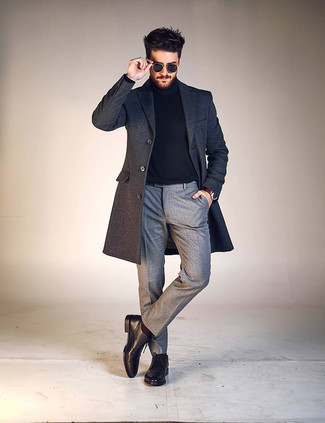 Charcoal Overcoat · Navy Turtleneck · Grey Dress Pants · Black Leather Desert Boots · Black Sunglasses · Silver Watch