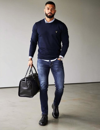 Navy Crew-neck Sweater · White Long Sleeve Shirt · Navy Skinny Jeans · Black Leather Chelsea Boots · Black Leather Holdall · Black Leather Watch