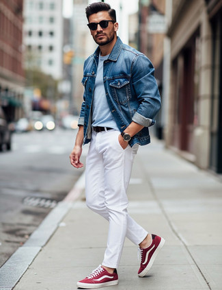 Blue Denim Jacket · Light Blue Long Sleeve Shirt · White Chinos · Red Suede Low Top Sneakers · Black Sunglasses · Black Leather Watch