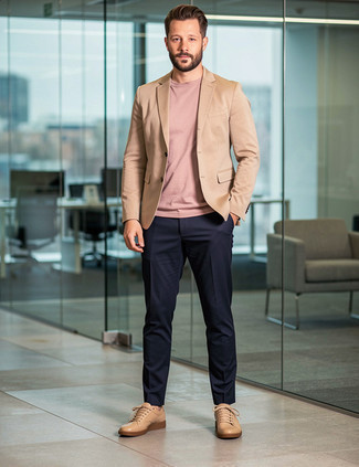 Tan Blazer · Pink Crew-neck T-shirt · Navy Chinos · Beige Leather Low Top Sneakers