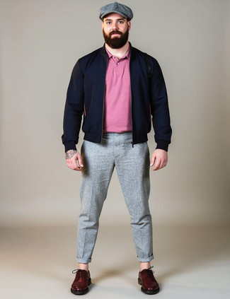 Navy Bomber Jacket · Pink Polo · Grey Chinos · Burgundy Leather Brogues · Grey Flat Cap