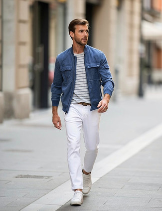 Navy Bomber Jacket · White and Navy Horizontal Striped Crew-neck T-shirt · White Jeans · White Leather Low Top Sneakers · Brown Woven Leather Belt