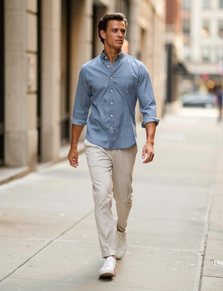 Blue Long Sleeve Shirt · Beige Chinos · White Leather Low Top Sneakers