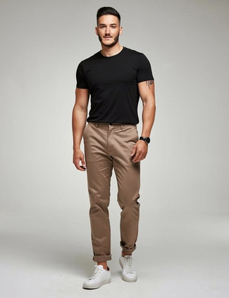 Black Crew-neck T-shirt · Khaki Chinos · White Canvas Low Top Sneakers · Black Leather Watch