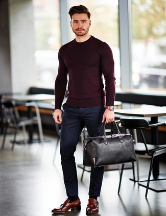 Dark Purple Crew-neck Sweater · Navy Chinos · Brown Leather Double Monks · Black Leather Duffle Bag · Brown Leather Watch