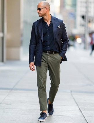 Navy Double Breasted Blazer · Navy Long Sleeve Shirt · Olive Chinos · Navy Canvas Low Top Sneakers · Navy and White Pocket Square · Black Leather Belt