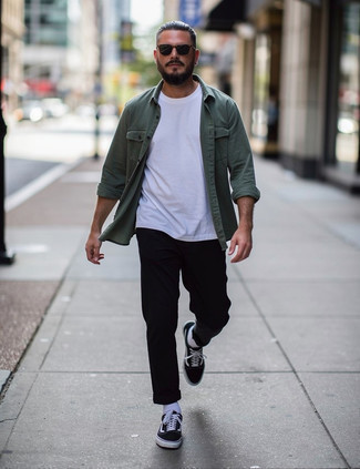 Dark Green Shirt Jacket · White Crew-neck T-shirt · Black Chinos · Black and White Canvas Low Top Sneakers · Black Sunglasses · White Socks