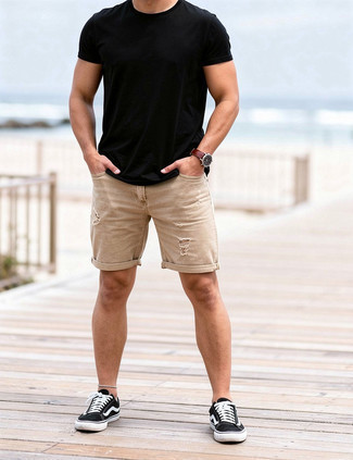 Black Crew-neck T-shirt · Tan Ripped Denim Shorts · Black and White Canvas Low Top Sneakers · Dark Brown Leather Watch