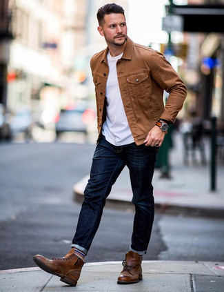 Tobacco Denim Jacket · White Crew-neck T-shirt · Navy Jeans · Brown Leather Casual Boots · Tan Leather Watch · Black Leather Bracelet