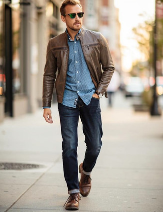 Brown Leather Bomber Jacket · Blue Polka Dot Long Sleeve Shirt · Navy Jeans · Brown Leather Casual Boots · Dark Green Sunglasses · Dark Brown Leather Watch