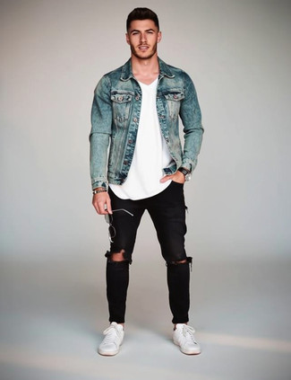 Light Blue Denim Jacket · White Crew-neck T-shirt · Black Ripped Skinny Jeans · White Leather Low Top Sneakers · Black Sunglasses · Black Leather Watch