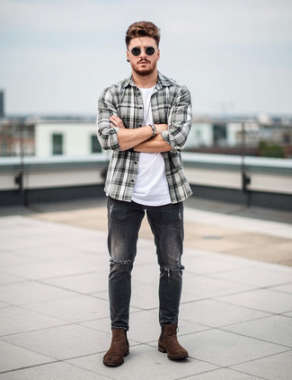 Grey Plaid Long Sleeve Shirt · White Crew-neck T-shirt · Charcoal Ripped Jeans · Dark Brown Suede Chelsea Boots · Black Sunglasses · Black Leather Watch