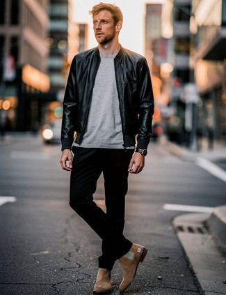 Black Leather Bomber Jacket · Grey Crew-neck T-shirt · Black Chinos · Tan Suede Chelsea Boots · Black Leather Watch