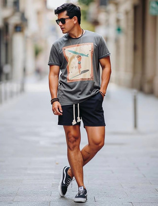 Grey Print Crew-neck T-shirt · Black Shorts · Black and White Canvas Low Top Sneakers · Black Sunglasses · Brown Beaded Bracelet