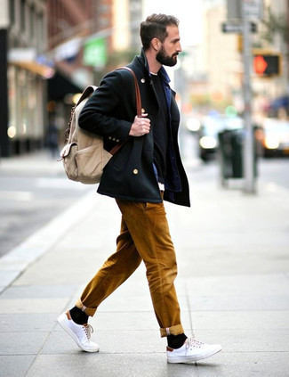Navy Pea Coat · Blue Shirt Jacket · Navy Crew-neck Sweater · White Crew-neck T-shirt · Tobacco Chinos · White Canvas Low Top Sneakers