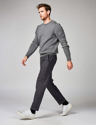 Grey Crew-neck Sweater · Charcoal Chinos · White Leather Low Top Sneakers · Black Socks