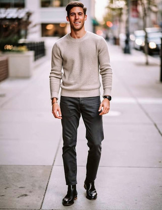 Grey Crew-neck Sweater · Charcoal Jeans · Black Leather Chelsea Boots · Black Leather Watch