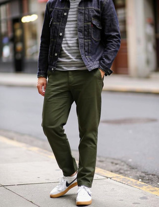 Navy Denim Jacket · White and Black Horizontal Striped Crew-neck T-shirt · Olive Chinos · White and Navy Leather Low Top Sneakers