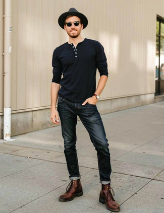 Navy Long Sleeve Henley Shirt · Navy Jeans · Brown Leather Casual Boots · Charcoal Wool Hat · Dark Green Sunglasses · Brown Leather Watch