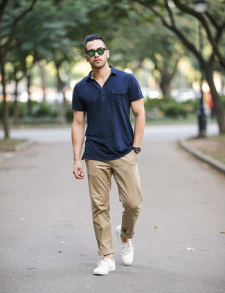 Navy Polo · Khaki Chinos · White Canvas Low Top Sneakers · Dark Green Sunglasses · Charcoal Watch