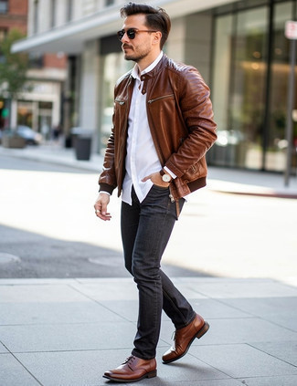 Brown Leather Bomber Jacket · White Long Sleeve Shirt · Charcoal Jeans · Brown Leather Casual Boots · Clear Sunglasses · Dark Brown Leather Watch