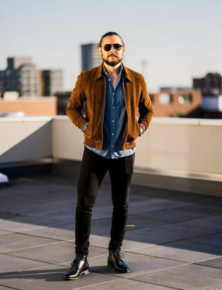 Brown Suede Harrington Jacket · Blue Chambray Long Sleeve Shirt · Black Skinny Jeans · Black Leather Casual Boots · Black Sunglasses · Silver Watch