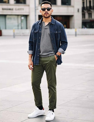 Navy Denim Shirt Jacket · Grey Polo · Olive Chinos · White Canvas Low Top Sneakers · Navy Sunglasses · Black Leather Watch