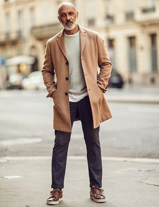 Camel Overcoat · Beige Crew-neck Sweater · White Crew-neck T-shirt · Charcoal Chinos · Brown Leather Low Top Sneakers · Black Socks