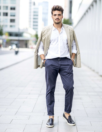 Beige Blazer · White Long Sleeve Shirt · Navy Chinos · Black Leather Slip-on Sneakers · Dark Brown Leather Watch · White Bracelet