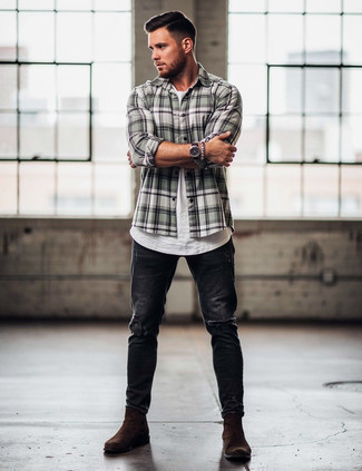 Grey Plaid Long Sleeve Shirt · White Crew-neck T-shirt · Black Ripped Jeans · Brown Suede Chelsea Boots · Black Leather Watch · Black Beaded Bracelet
