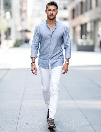 Light Blue Long Sleeve Shirt · White Jeans · Charcoal Suede Loafers · Silver Watch · Silver Bracelet