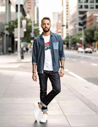 Navy Denim Shirt · White Print Crew-neck T-shirt · Charcoal Jeans · White Canvas Low Top Sneakers · Black Leather Watch