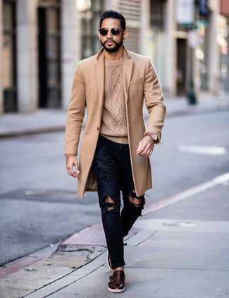 Camel Overcoat · Tan Cable Sweater · Black Ripped Jeans · Dark Brown Leather Double Monks · Dark Brown Sunglasses · Brown Leather Watch